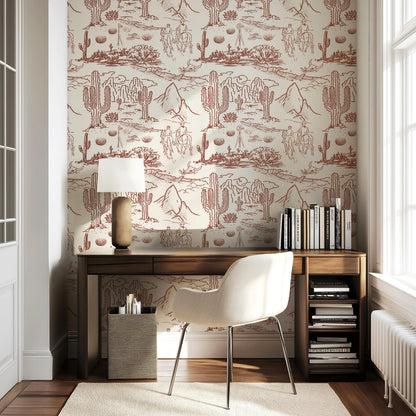 Western Toile Wallpaper Cowboy Desert Scene Peel and Stick Western Wall Mural For Nursery Rustic Farmhouse Landscape Decor Custom Wallpaper