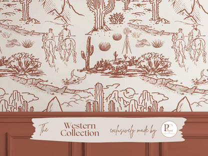 Western Toile Wallpaper Cowboy Desert Scene Peel and Stick Western Wall Mural For Nursery Rustic Farmhouse Landscape Decor Custom Wallpaper