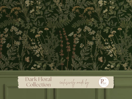 Dark Green Botanical Wallpaper Peel & Stick Vintage Floral Apothecary Mural Moody Cottagecore Removable Wallpaper Cozy Maximalist Home Decor