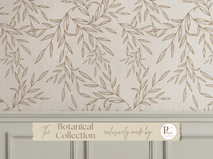 Beige Botanical Faux Linen Textured Wallpaper Peel and Stick Removable Wall Covering Vintage Floral Neutral Wall Art for Bedroom Living Room