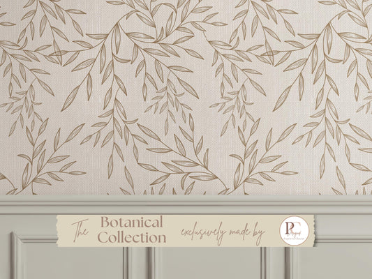 Beige Botanical Faux Linen Textured Wallpaper Peel and Stick Removable Wall Covering Vintage Floral Neutral Wall Art for Bedroom Living Room