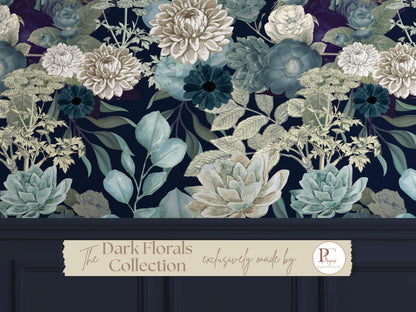 Elegant Blue Floral Wallpaper Peel & Stick Dark Botanical Garden Wall Mural For Bedroom Traditional Prepasted Removable Wallpaper