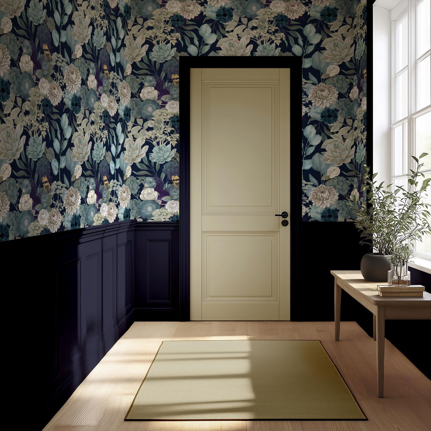 Elegant Blue Floral Wallpaper Peel & Stick Dark Botanical Garden Wall Mural For Bedroom Traditional Prepasted Removable Wallpaper
