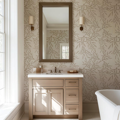 Beige Botanical Faux Linen Textured Wallpaper Peel and Stick Removable Wall Covering Vintage Floral Neutral Wall Art for Bedroom Living Room