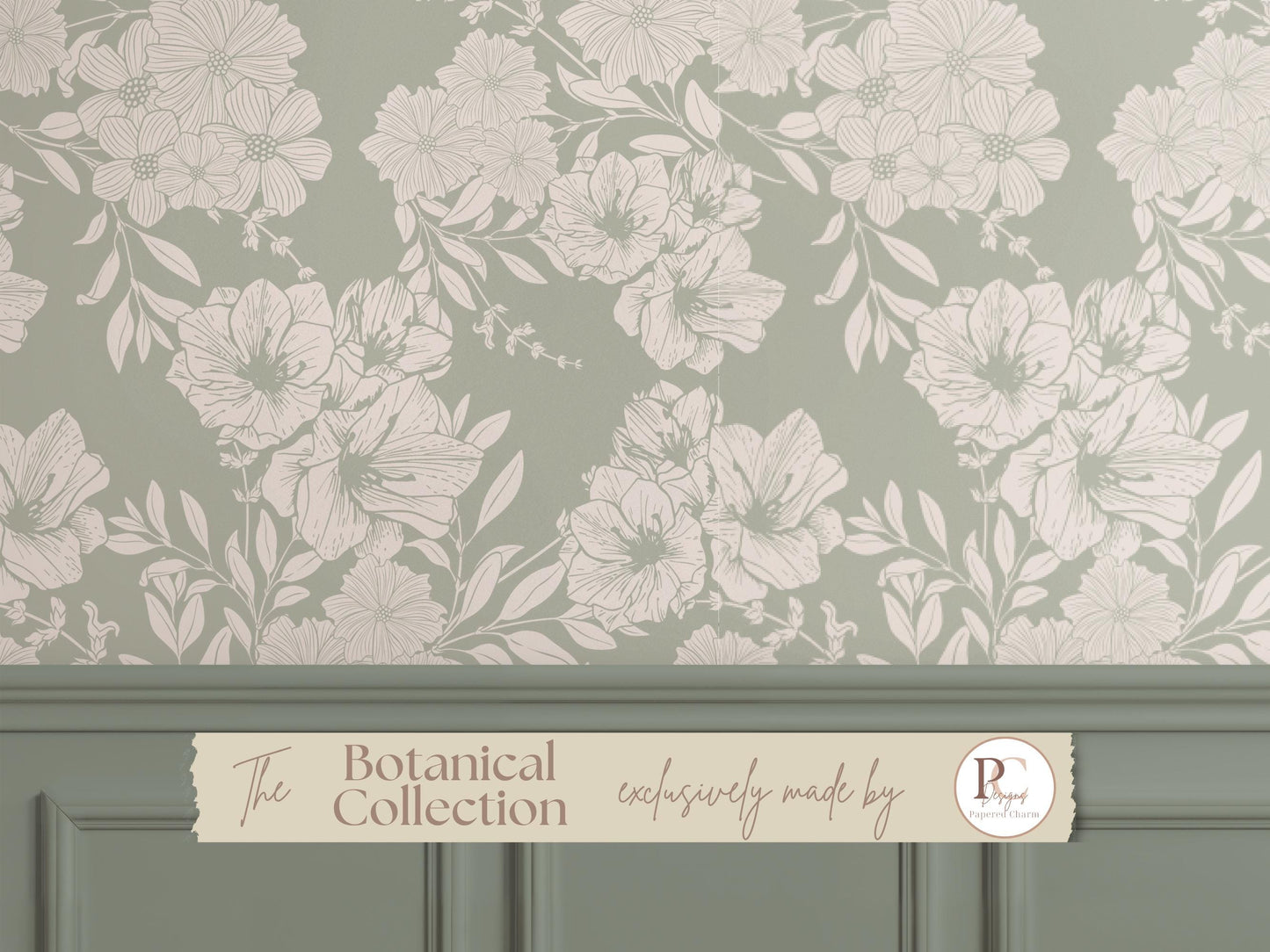 Sage Green Floral Peel and Stick Wallpaper Neutral Modern Botanical Wall Art for Living Room, Bedroom, Nursery, Removable Designer Wallpaper