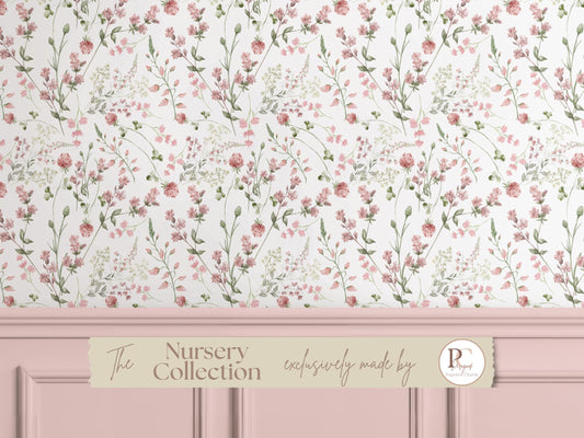 Pink Wildflower Wallpaper Mauve Sage Green Floral Peel and Stick Wallpaper for Girl Nursery or Bedroom, Cottagecore Botanical Wall Mural