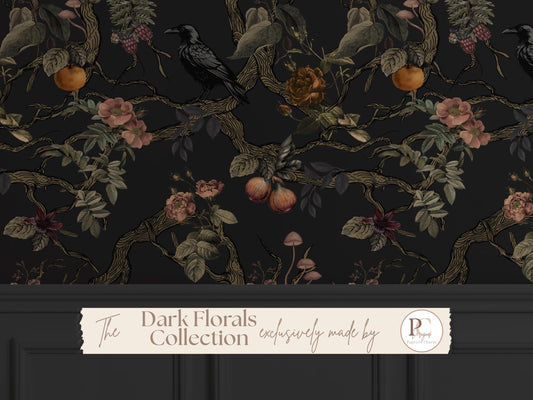 Gothic Chinoiserie Wallpaper Dark Moody Floral Mural with Raven Dark Academia Bedroom Decor Victorian Goth Bathroom Peel & Stick, Prepasted
