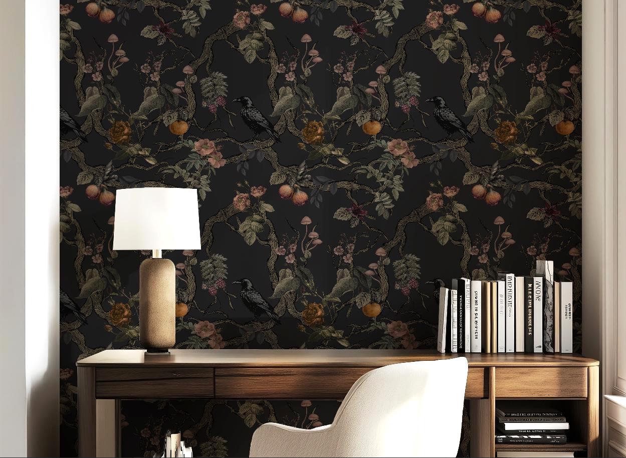 Gothic Chinoiserie Wallpaper Dark Moody Floral Mural with Raven Dark Academia Bedroom Decor Victorian Goth Bathroom Peel & Stick, Prepasted