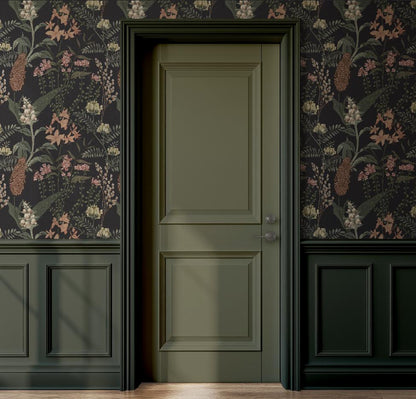 Moody Black Floral Wallpaper | Luxury Linen Texture Botanical | Dark Academia Peel & Stick | Gothic Victorian Maximalist Mural