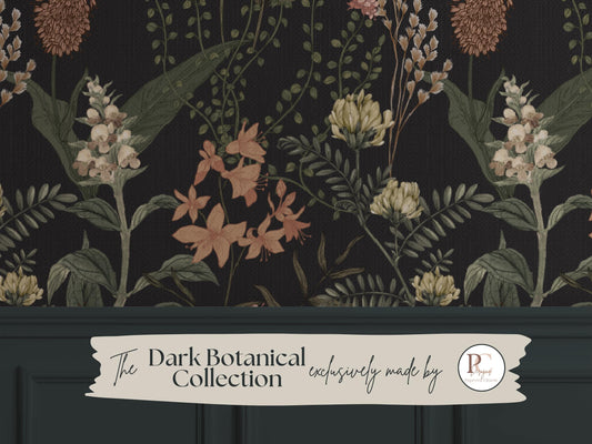 Moody Black Floral Wallpaper | Luxury Linen Texture Botanical | Dark Academia Peel & Stick | Gothic Victorian Maximalist Mural