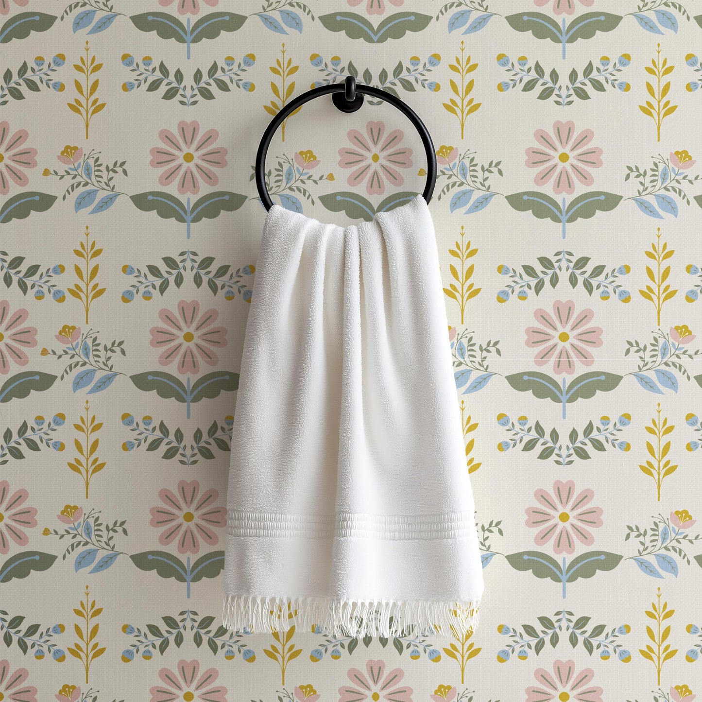 Boho Floral Nursery Wallpaper | Pink Sage Green Flower Wall Mural | Vintage Folk Removable Peel and Stick Wallpaper For Girl Bedroom