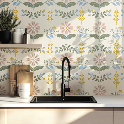 Boho Floral Nursery Wallpaper | Pink Sage Green Flower Wall Mural | Vintage Folk Removable Peel and Stick Wallpaper For Girl Bedroom