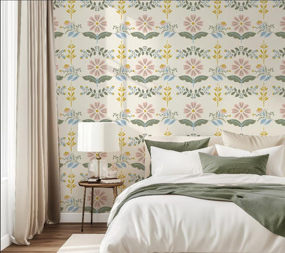 Boho Floral Nursery Wallpaper | Pink Sage Green Flower Wall Mural | Vintage Folk Removable Peel and Stick Wallpaper For Girl Bedroom