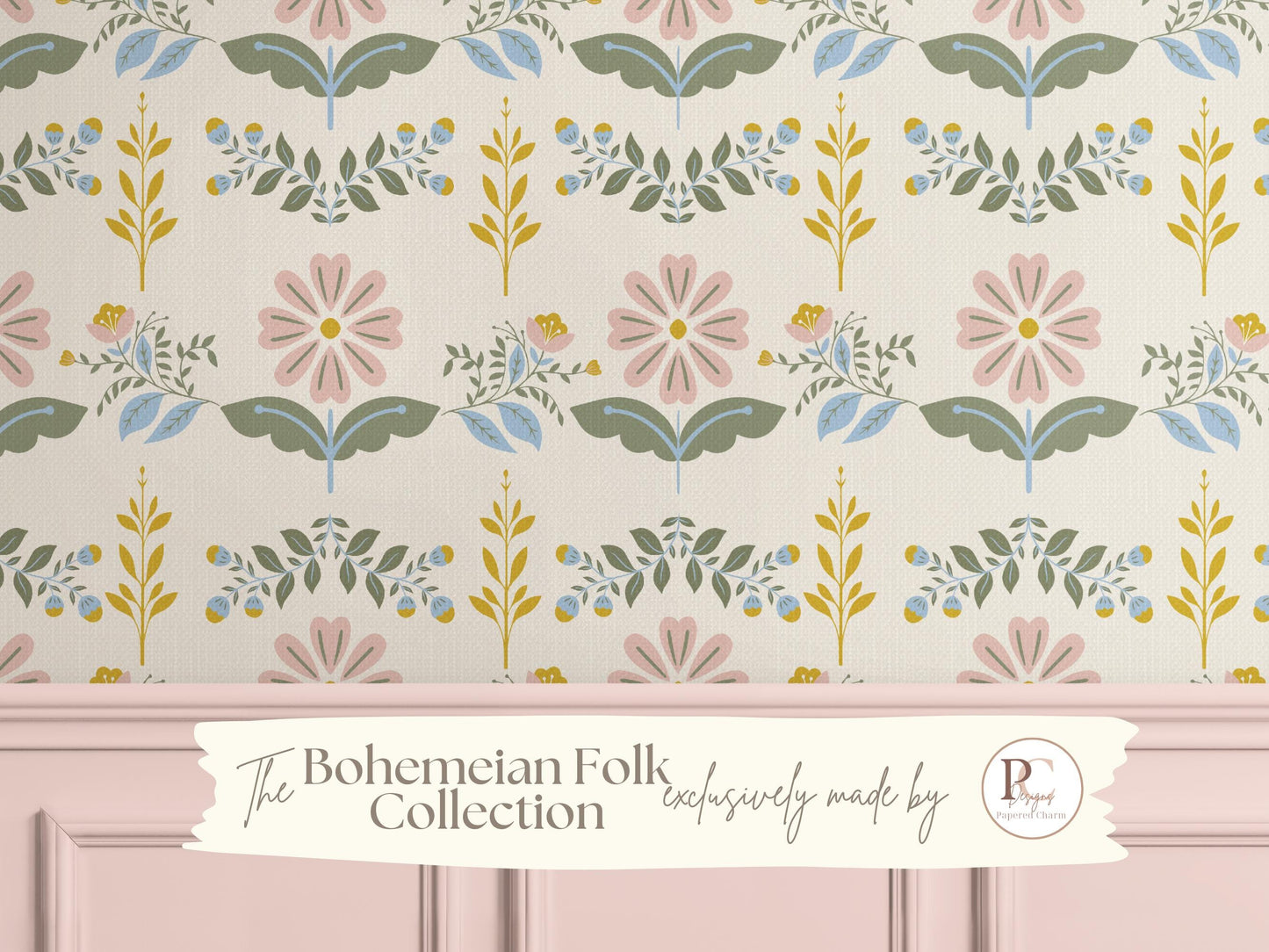 Boho Floral Nursery Wallpaper | Pink Sage Green Flower Wall Mural | Vintage Folk Removable Peel and Stick Wallpaper For Girl Bedroom