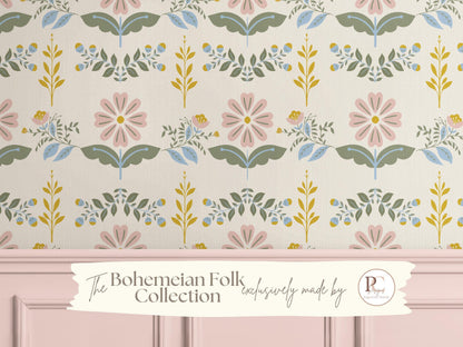 Boho Floral Nursery Wallpaper | Pink Sage Green Flower Wall Mural | Vintage Folk Removable Peel and Stick Wallpaper For Girl Bedroom