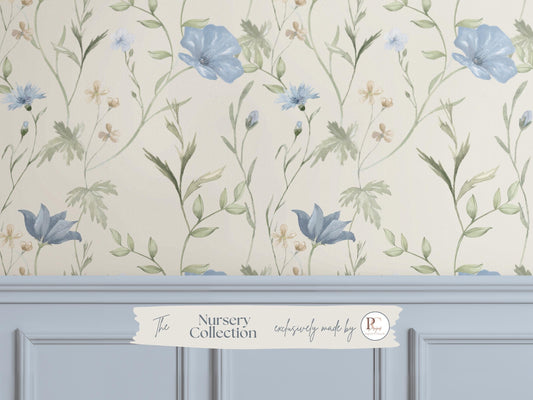 Blue Floral Wallpaper | Soft Botanical Nursery Peel & Stick | Garden Cottagecore Mural For Bedroom | Faux Linen Traditional Vinyl Wallpaper