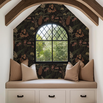 Moody Black Floral Wallpaper | Luxury Linen Texture Botanical | Dark Academia Peel & Stick | Gothic Victorian Maximalist Mural