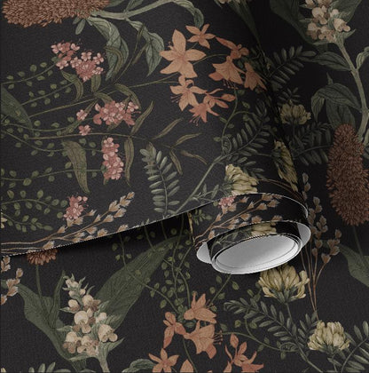 Moody Black Floral Wallpaper | Luxury Linen Texture Botanical | Dark Academia Peel & Stick | Gothic Victorian Maximalist Mural
