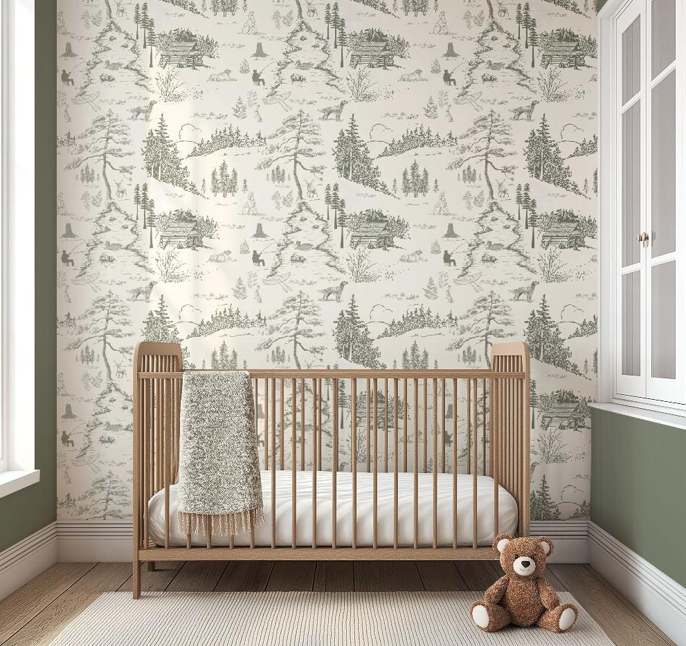 Dog Woodland Toile Wallpaper | Sage Green Forest Accent Wall | Hunting Deer Wall Mural For Nursery Bedroom Rustic Cabin Lodge Wallpaper