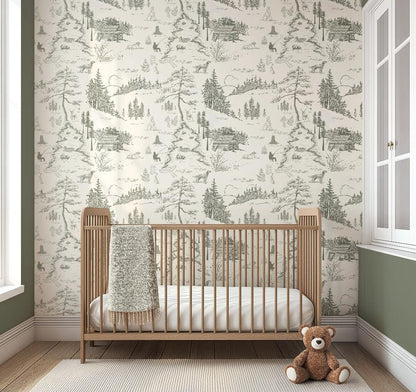 Dog Woodland Toile Wallpaper | Sage Green Forest Accent Wall | Hunting Deer Wall Mural For Nursery Bedroom Rustic Cabin Lodge Wallpaper