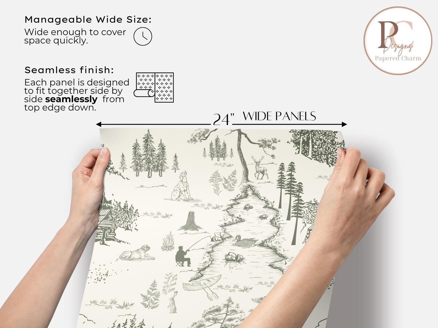 Dog Woodland Toile Wallpaper | Sage Green Forest Accent Wall | Hunting Deer Wall Mural For Nursery Bedroom Rustic Cabin Lodge Wallpaper