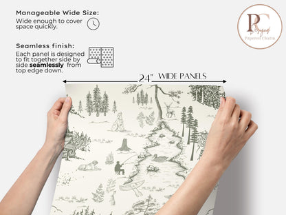 Dog Woodland Toile Wallpaper | Sage Green Forest Accent Wall | Hunting Deer Wall Mural For Nursery Bedroom Rustic Cabin Lodge Wallpaper
