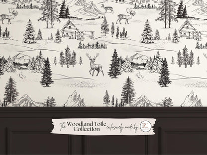 Rustic Forest Toile Wallpaper | Charcoal Woodland Lodge Wall Mural | Mountain Deer Peel & Stick For Cozy Cabin Boy Nursery Bedroom
