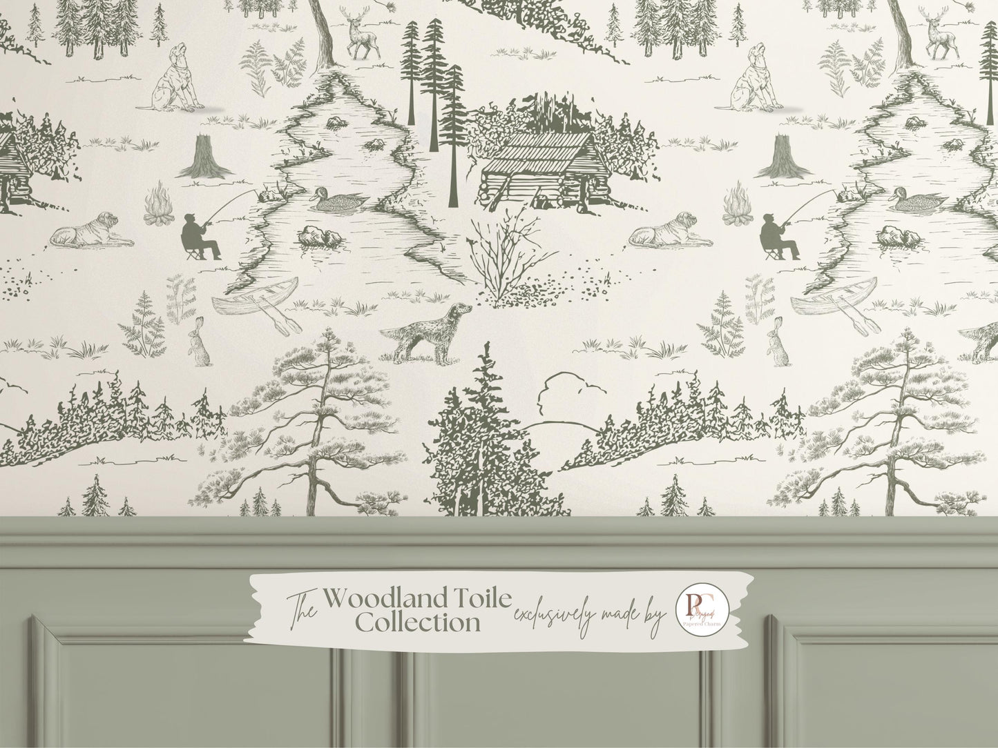 Dog Woodland Toile Wallpaper | Sage Green Forest Accent Wall | Hunting Deer Wall Mural For Nursery Bedroom Rustic Cabin Lodge Wallpaper