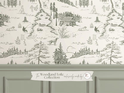 Dog Woodland Toile Wallpaper | Sage Green Forest Accent Wall | Hunting Deer Wall Mural For Nursery Bedroom Rustic Cabin Lodge Wallpaper