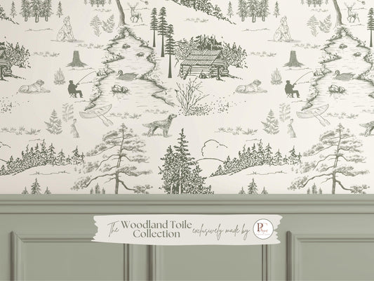 Dog Woodland Toile Wallpaper | Sage Green Forest Accent Wall | Hunting Deer Wall Mural For Nursery Bedroom Rustic Cabin Lodge Wallpaper