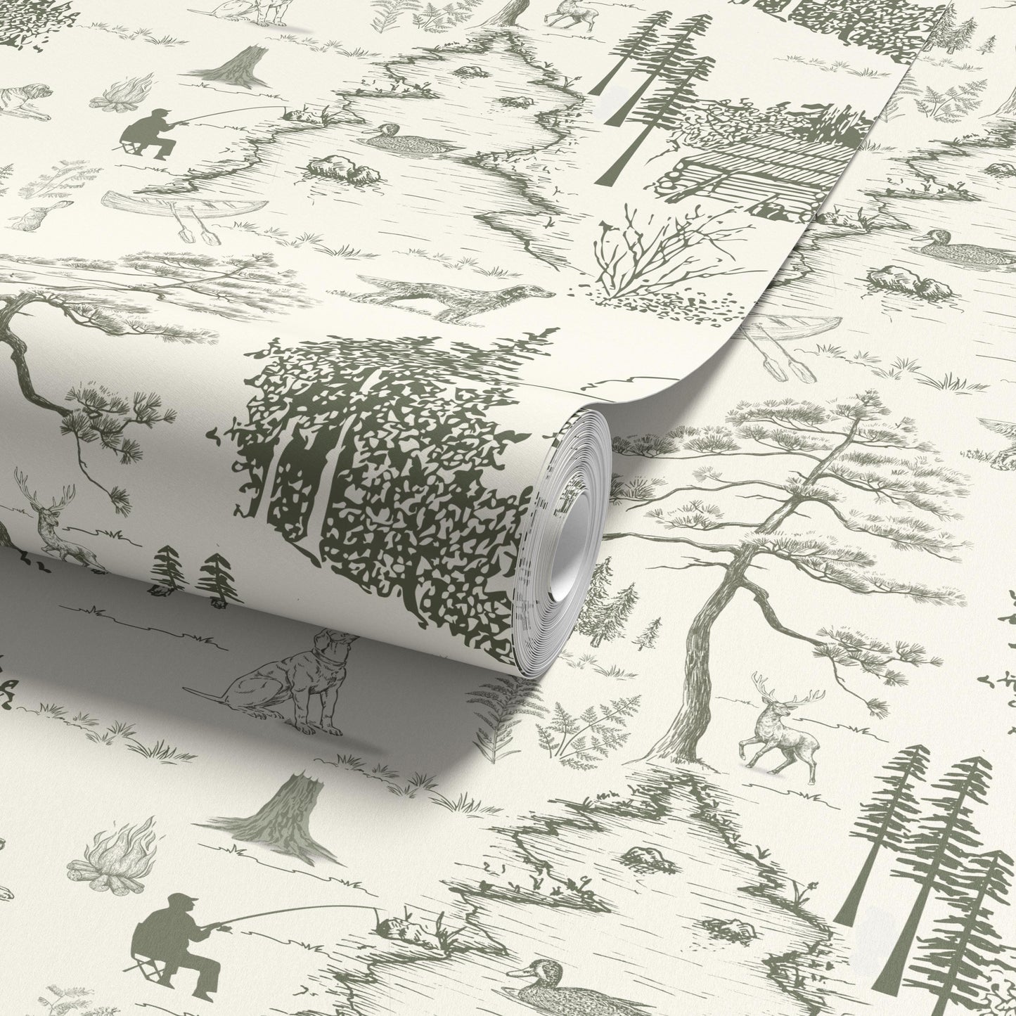 Dog Woodland Toile Wallpaper | Sage Green Forest Accent Wall | Hunting Deer Wall Mural For Nursery Bedroom Rustic Cabin Lodge Wallpaper