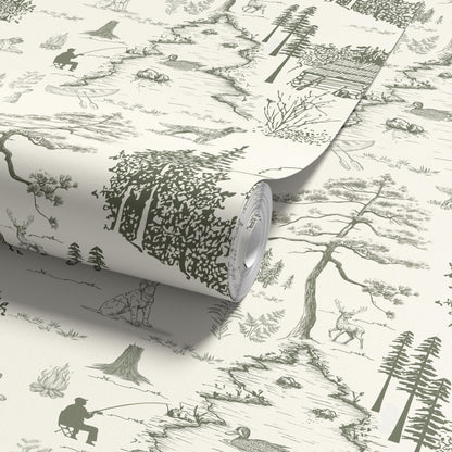 Dog Woodland Toile Wallpaper | Sage Green Forest Accent Wall | Hunting Deer Wall Mural For Nursery Bedroom Rustic Cabin Lodge Wallpaper