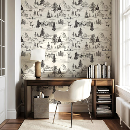 Rustic Forest Toile Wallpaper | Charcoal Woodland Lodge Wall Mural | Mountain Deer Peel & Stick For Cozy Cabin Boy Nursery Bedroom