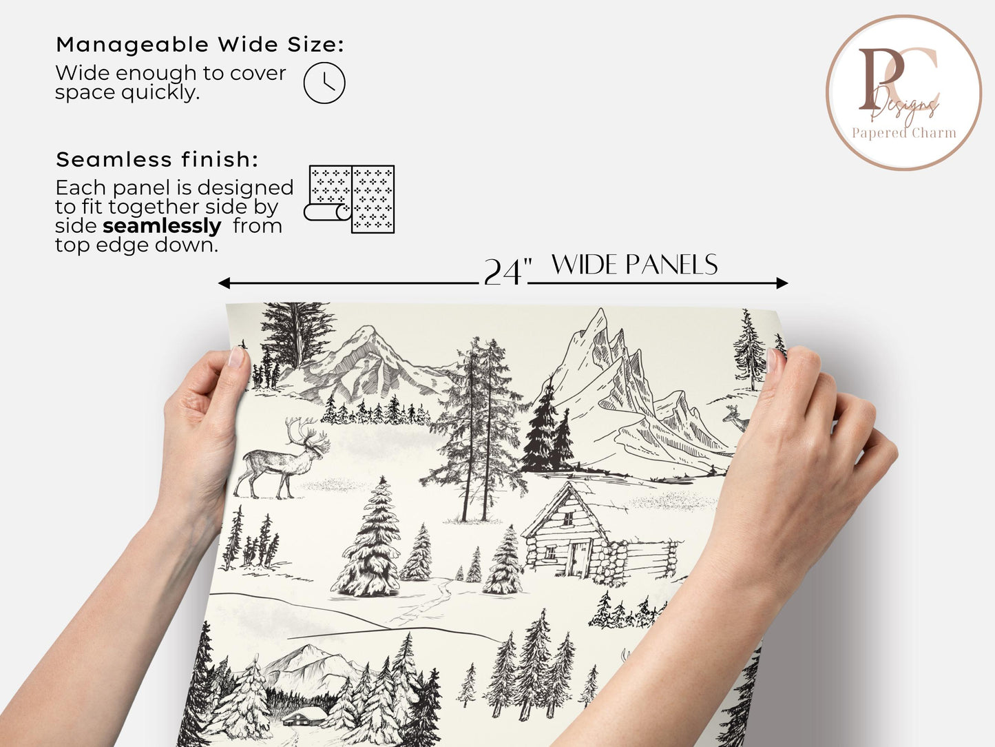 Rustic Forest Toile Wallpaper | Charcoal Woodland Lodge Wall Mural | Mountain Deer Peel & Stick For Cozy Cabin Boy Nursery Bedroom