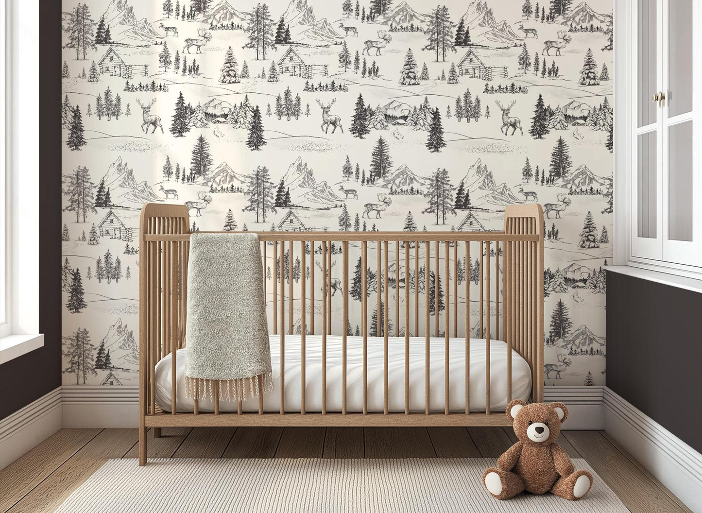 Rustic Forest Toile Wallpaper | Charcoal Woodland Lodge Wall Mural | Mountain Deer Peel & Stick For Cozy Cabin Boy Nursery Bedroom