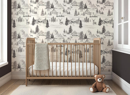 Rustic Forest Toile Wallpaper | Charcoal Woodland Lodge Wall Mural | Mountain Deer Peel & Stick For Cozy Cabin Boy Nursery Bedroom