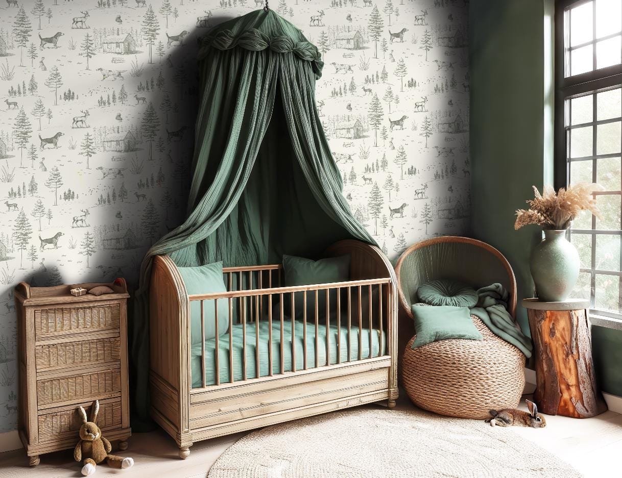 Dog Toile Wallpaper Woodland Forest with Deer Peel & Stick Sage Green Nursery Accent Wall Cozy Cabin Scenic Wall Mural For Lodge