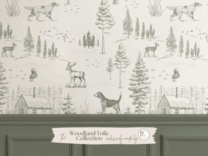 Dog Toile Wallpaper Woodland Forest with Deer Peel & Stick Sage Green Nursery Accent Wall Cozy Cabin Scenic Wall Mural For Lodge