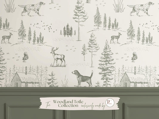 Dog Toile Wallpaper Woodland Forest with Deer Peel & Stick Sage Green Nursery Accent Wall Cozy Cabin Scenic Wall Mural For Lodge