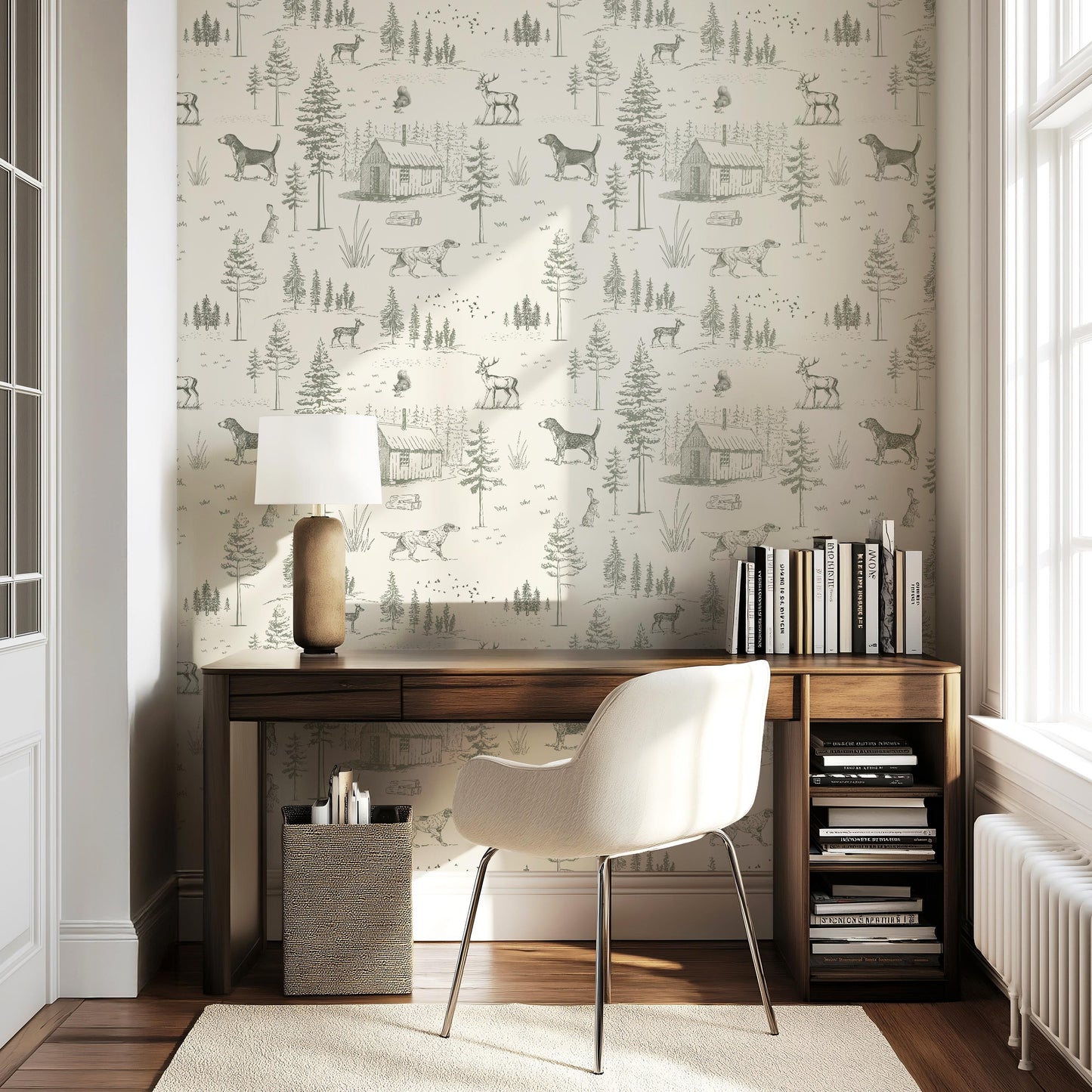 Dog Toile Wallpaper Woodland Forest with Deer Peel & Stick Sage Green Nursery Accent Wall Cozy Cabin Scenic Wall Mural For Lodge