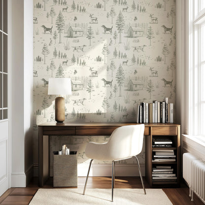 Dog Toile Wallpaper Woodland Forest with Deer Peel & Stick Sage Green Nursery Accent Wall Cozy Cabin Scenic Wall Mural For Lodge