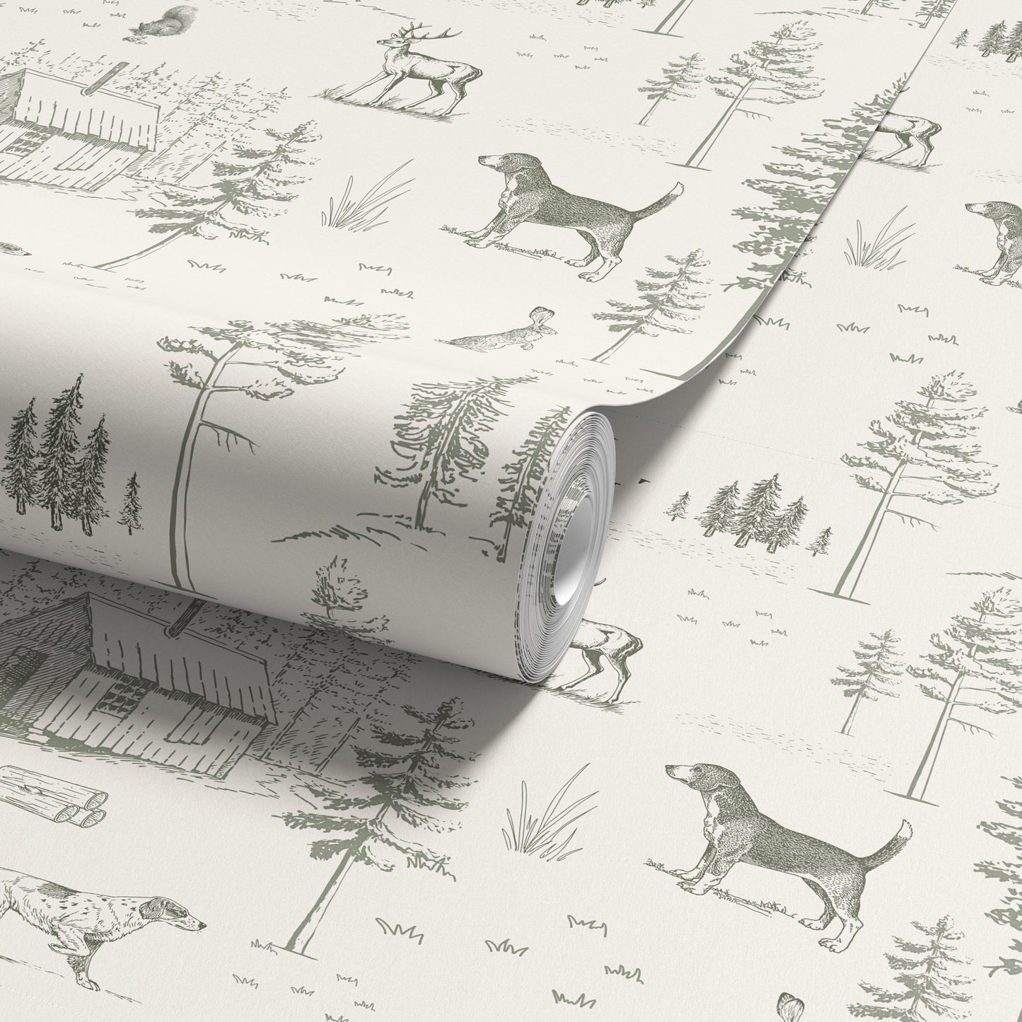 Dog Toile Wallpaper Woodland Forest with Deer Peel & Stick Sage Green Nursery Accent Wall Cozy Cabin Scenic Wall Mural For Lodge