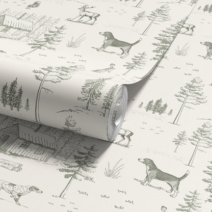 Dog Toile Wallpaper Woodland Forest with Deer Peel & Stick Sage Green Nursery Accent Wall Cozy Cabin Scenic Wall Mural For Lodge