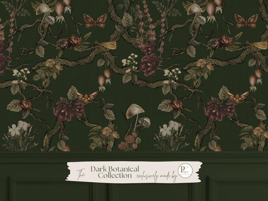 Moody Botanical Dark Green Chinoiserie Wallpaper, Vintage Floral Nature Wall Mural, Moth and Butterfly Peel and Stick Cottagecore Room Decor