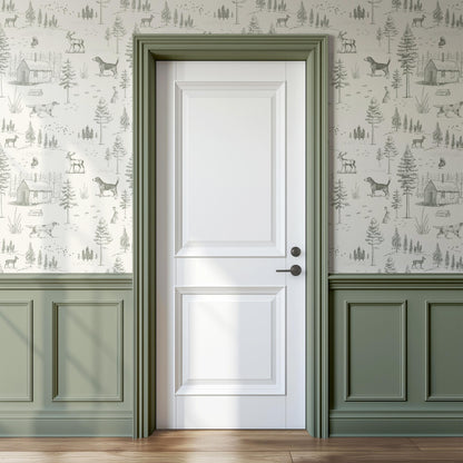Dog Toile Wallpaper Woodland Forest with Deer Peel & Stick Sage Green Nursery Accent Wall Cozy Cabin Scenic Wall Mural For Lodge