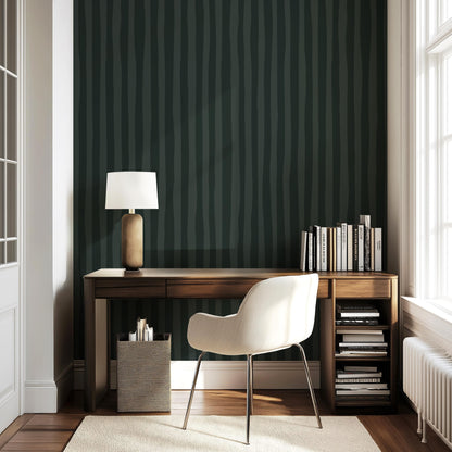 Moody Dark Green Stripe Wallpaper, European Vertical Dolce Stripe, Architectural Kitchen, Dining & Study Wallpaper