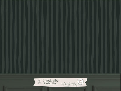 Moody Dark Green Stripe Wallpaper, European Vertical Dolce Stripe, Architectural Kitchen, Dining & Study Wallpaper