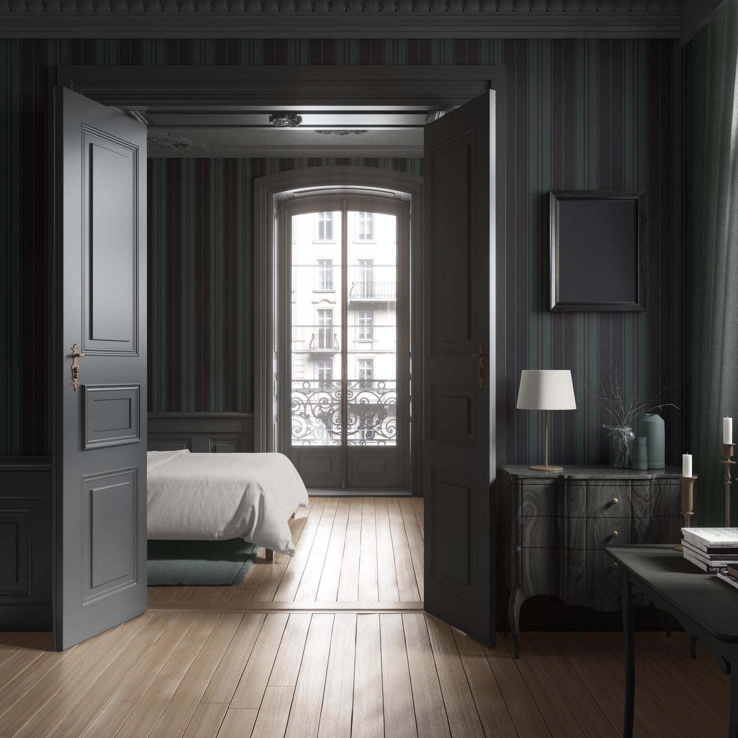 Dark Green Vertical Stripe Wallpaper, Moody Tonal Stripe for Men's Study, Bedroom, Dining Room & Boy Nursery Classic Interiors