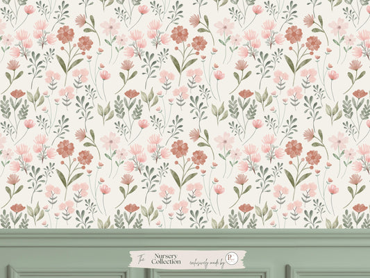Pink Sage Wildflower Nursery Wallpaper Peel & Stick Vintage Botanical Garden Mural for Girl Room Cottagecore Decor Traditional Prepasted