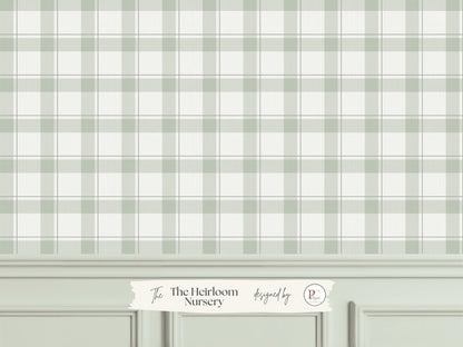 Soft Sage Green Plaid Wallpaper | Neutral Linen Look | Woodland Cabin Boy Nursery Bedroom Wallpaper | Traditional Prepasted And Peel & Stick